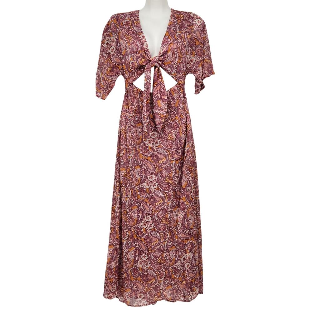 NWT En Creme Plum Gold Paisley Cut-out Tie Front Shimmer Maxi Dress Women's M